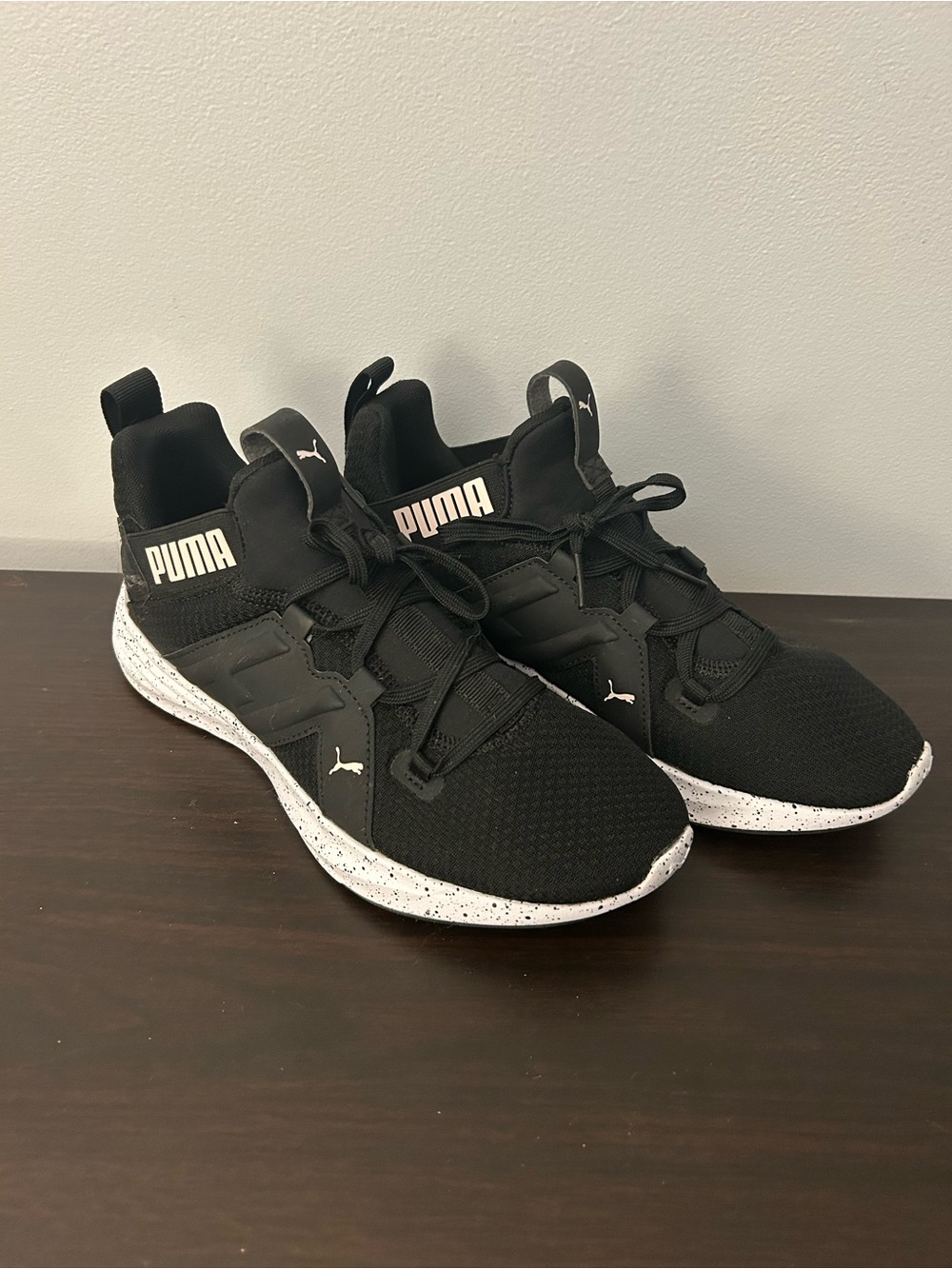 Puma womens Black Knit Sneakers with Speckled White Sole